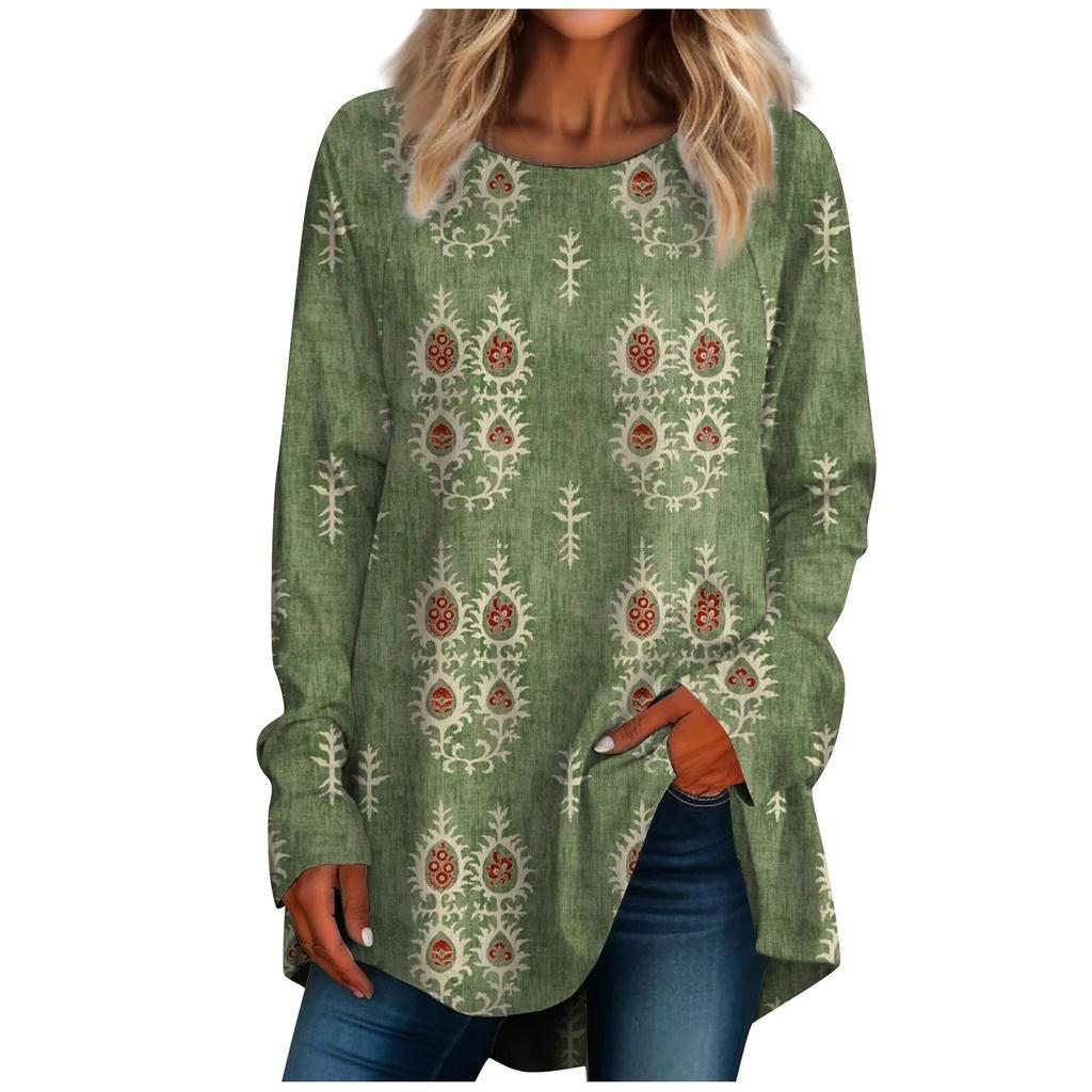 Женская повседневная футболка больших размеров с длинными рукавами и круглым вырезом в стиле ретро с принтом, верхний пуловер