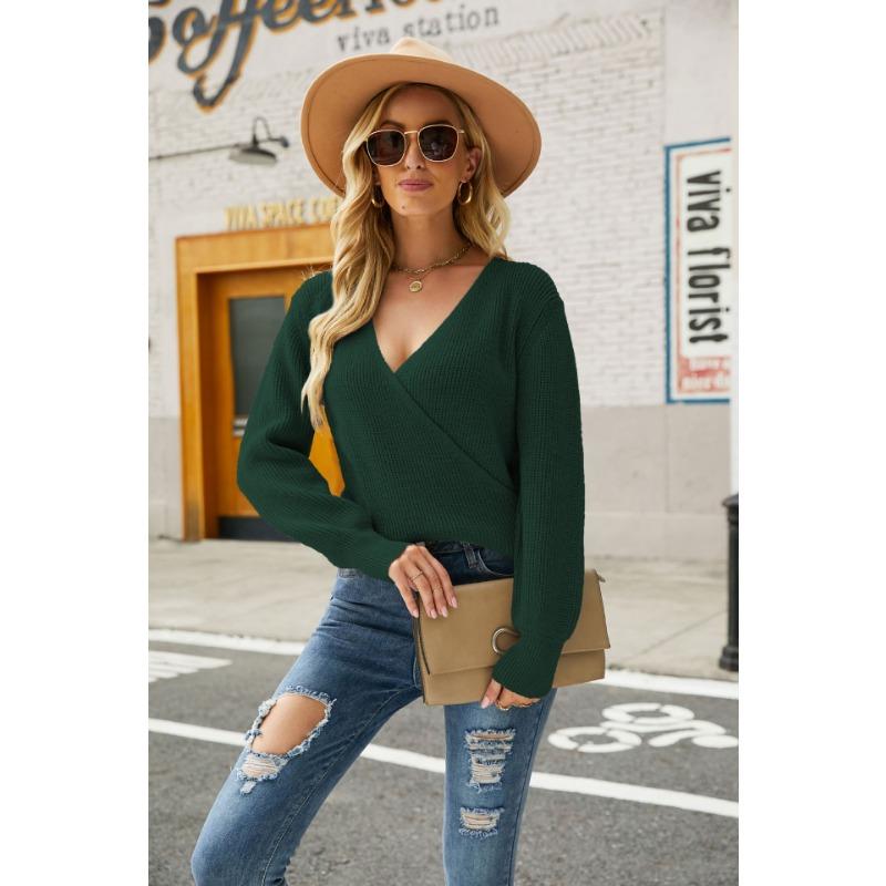 Осенне-зимний женский свитер, модный однотонный пуловер с длинными рукавами и v-образным вырезом, вязаный свитер