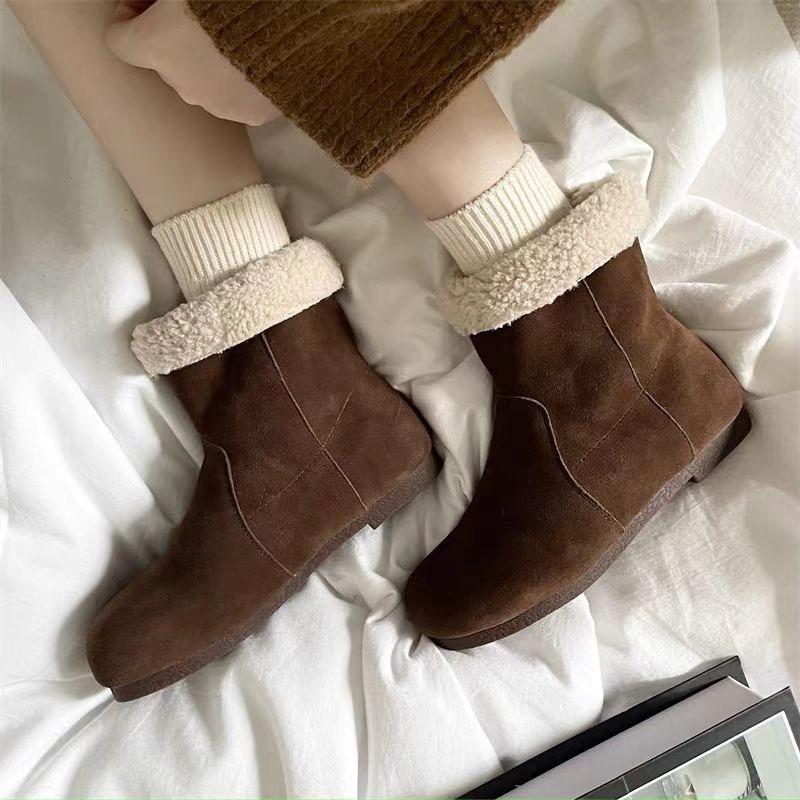 Female Shoes On Sale 2024 Sleeve Women's Boots Winter Suede Round Toe Solid Short Barrel Flat Snow Boots Zapatos De Mujer
