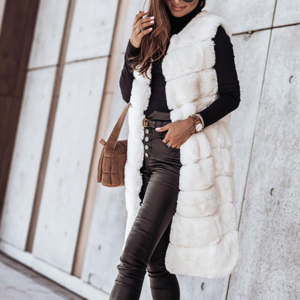 Женский однотонный жилет с круглым вырезом, плюшевый теплый длинный жилет без рукавов, пальто