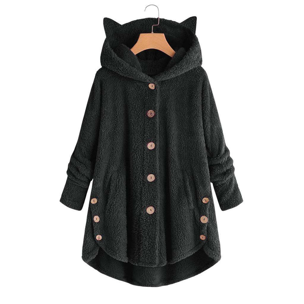 Women's Loose Plush Solid Color Single Breasted Pocket Hood Zipper Jacket
