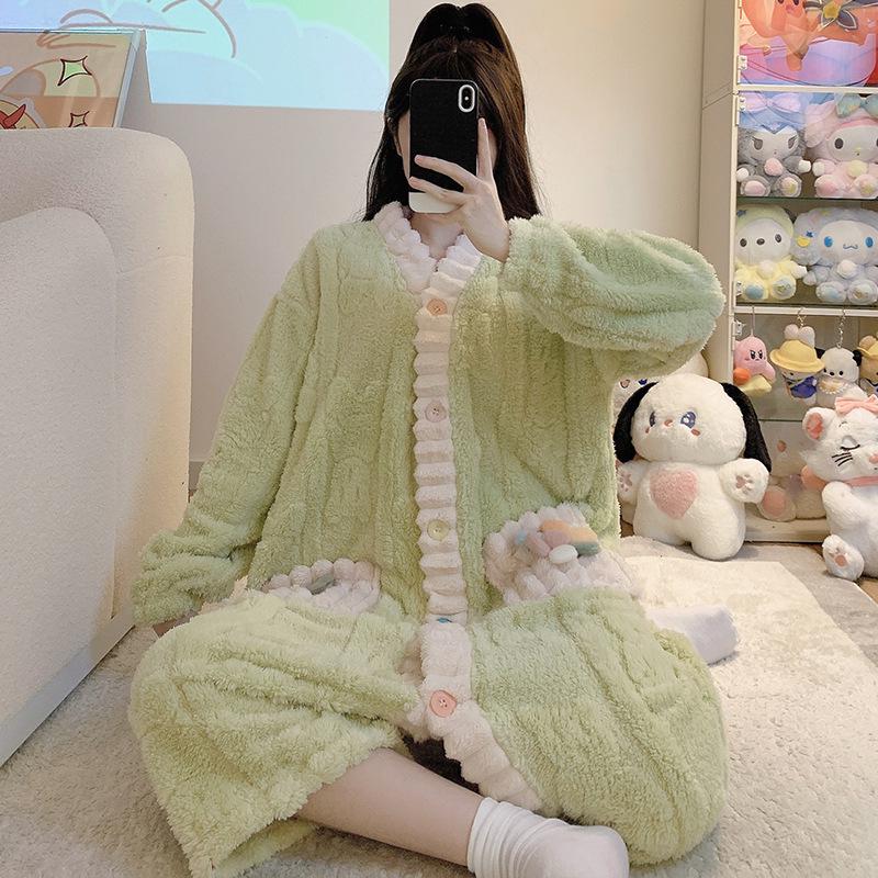 Мягкий кардиган с V-образным вырезом, ночная рубашка, пижама для женщин больших размеров - теплая домашняя одежда из кораллового флиса для осени и зимы