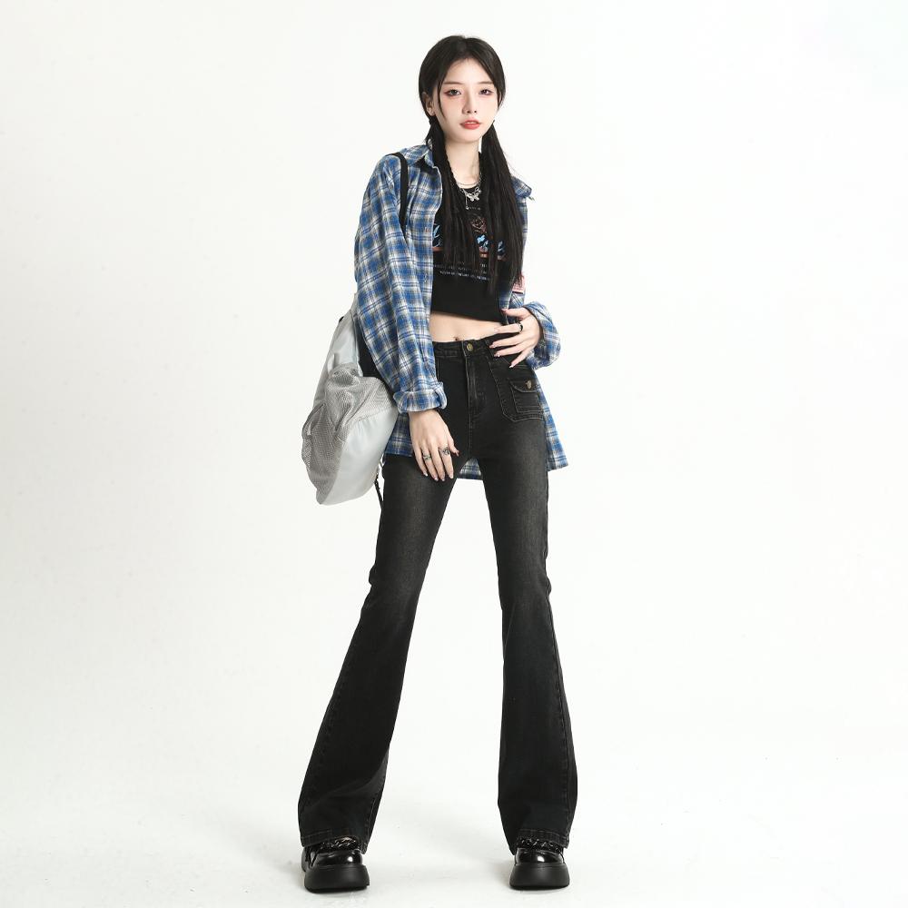 Синие расклешенные брюки в стиле ретро, ​​женские осенне-зимние прямые эластичные джинсовые брюки с высокой талией, уличная мода