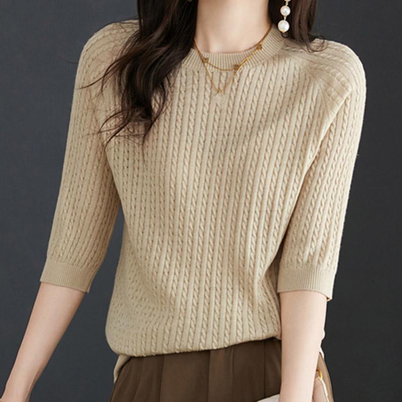 Женские свитера, пуловеры, 2025, лето, короткий рукав, О-образный вырез, черный вязаный свитер, женские топы, пуловер JJ142