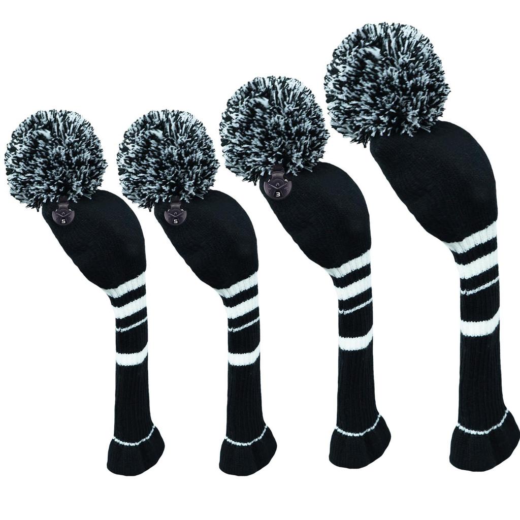 4Pcs Knitted Golf Headcovers Set | Striped Contrast Design with Pom-Pom | Long Neck Driver/Fairway Woods Covers 1/3/5# Warm Winter Golf Accessories