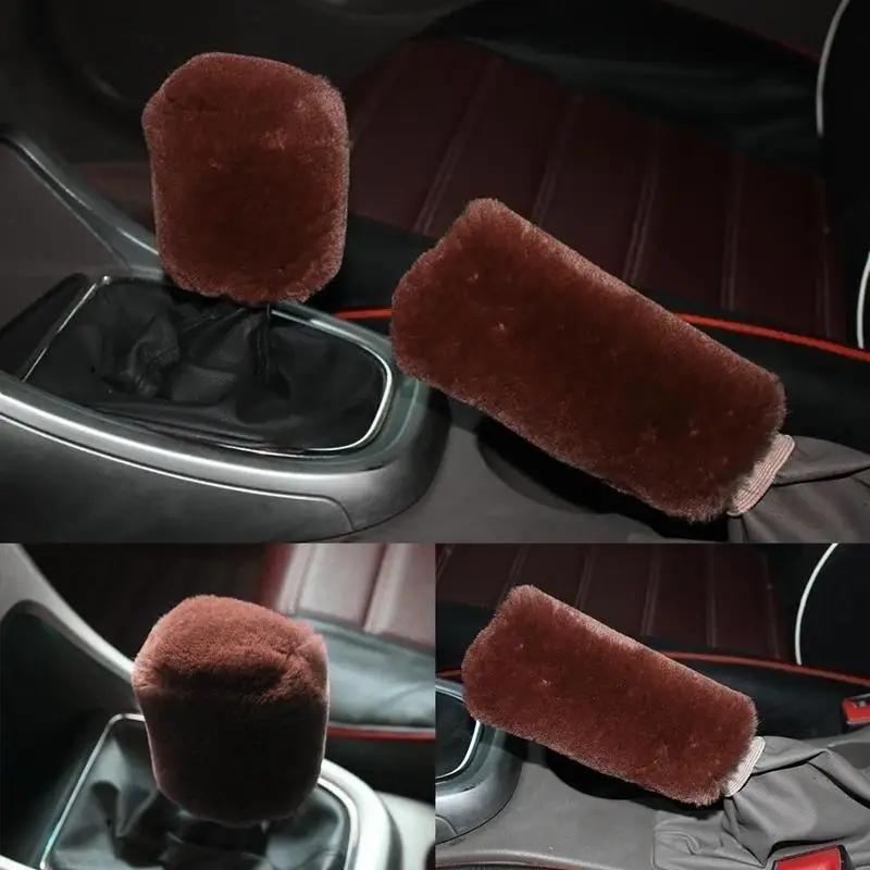 Solid Soft Warm Long Wool Fuzzy Steering Wheel Cover Handbrake Cover Gear Covers Car Accessory Sheep Fur Plush Protector Cover