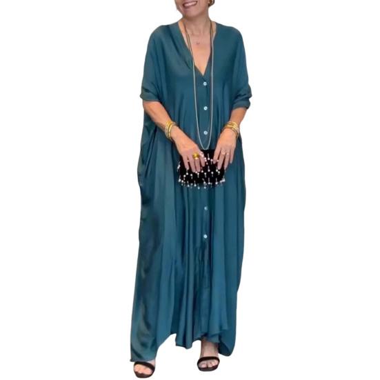 Женское макси-платье с V-образным вырезом, застегивающимся на пуговицы, рукавами «летучая мышь», платье-рубашка, однотонный цвет