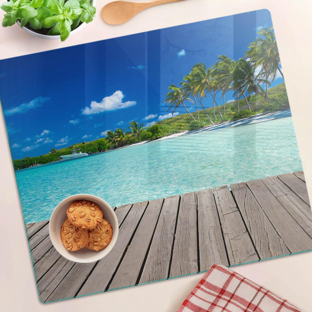 Decorative Glass Kitchen Chopping Board Tropical Beach 60x52 cm