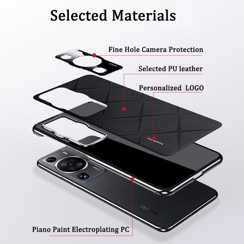 KEYSION Grid Pattern PU Leather Case for Huawei P60 P60 Pro Plating PC Camera Protection Phone Back Cover for Huawei P60 Pro