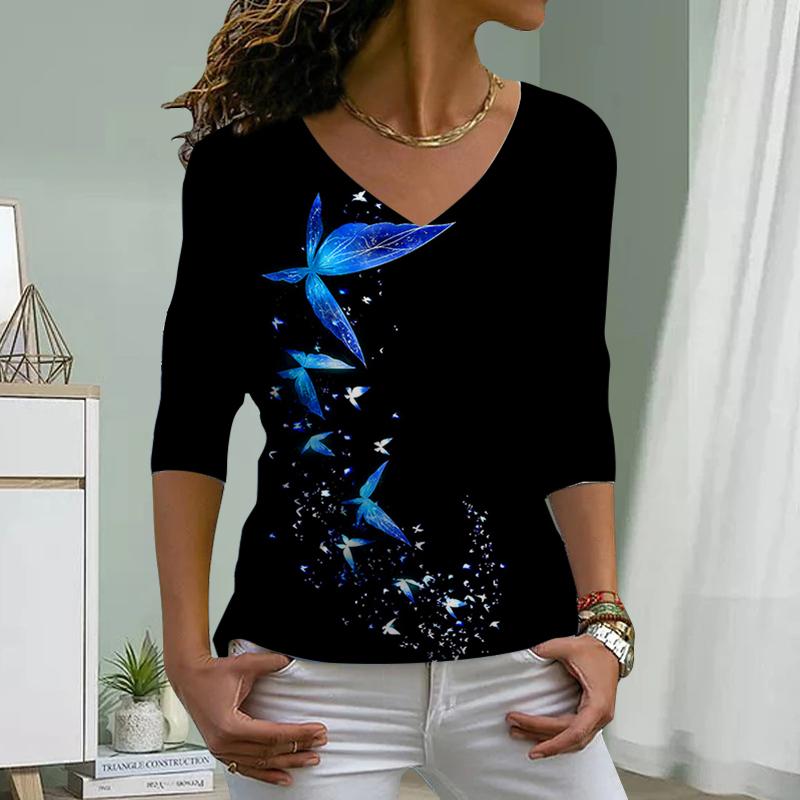 Long Tailed Butterfly Print Women Tshirts Ladies Tops Long Sleeve V-neck Pullover Femme T-shirts T Shirt For Women