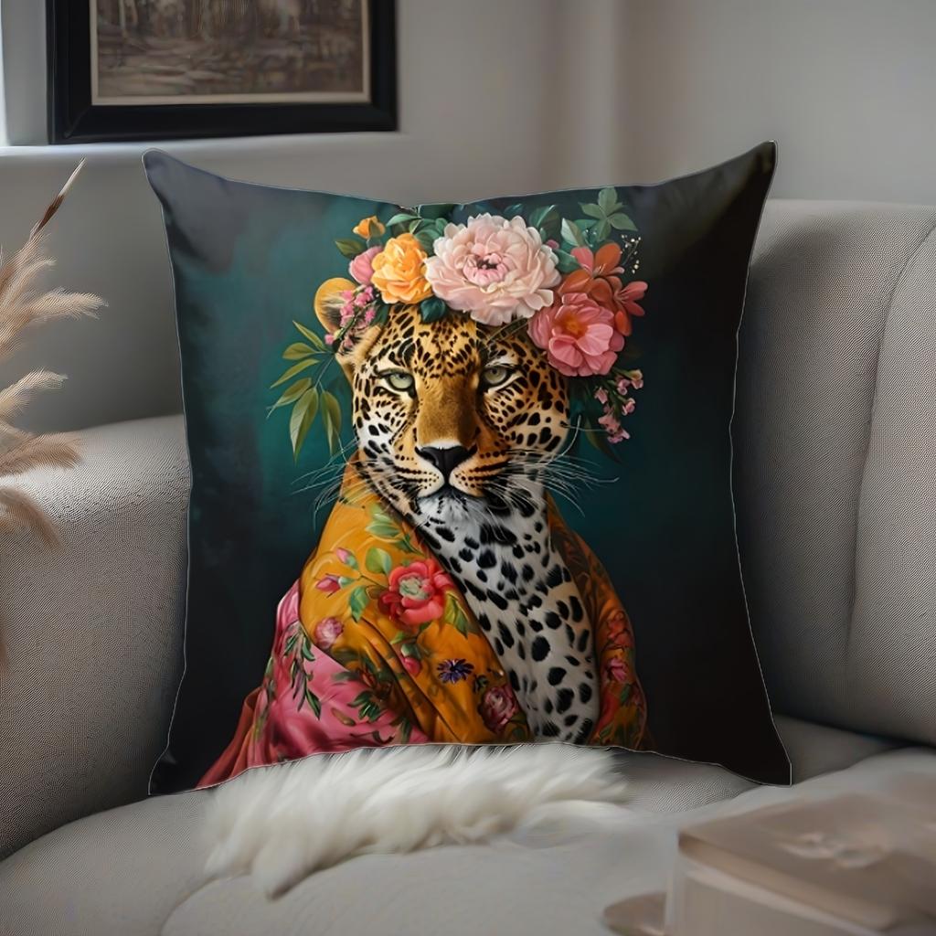 1pc Peach Faux Velvet Pillowcase, Artistic Leopard Print! Floral Leopard Cushion Cover, Comfortable And Smooth Texture Polyester Peach Faux Velvet Fab