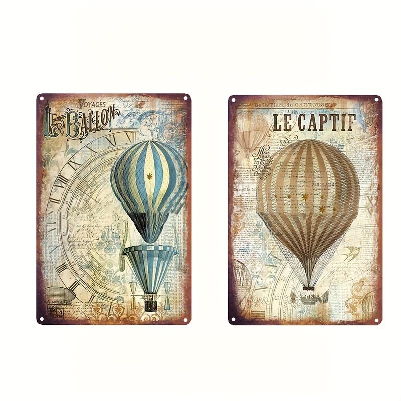 2Pcs 7.8×11.8in European Vintage Tin Paintings - Travel Music Flower Hot Air Balloon Decor - Indoor/Outdoor Wall Art for Home/Bar/Cafe
