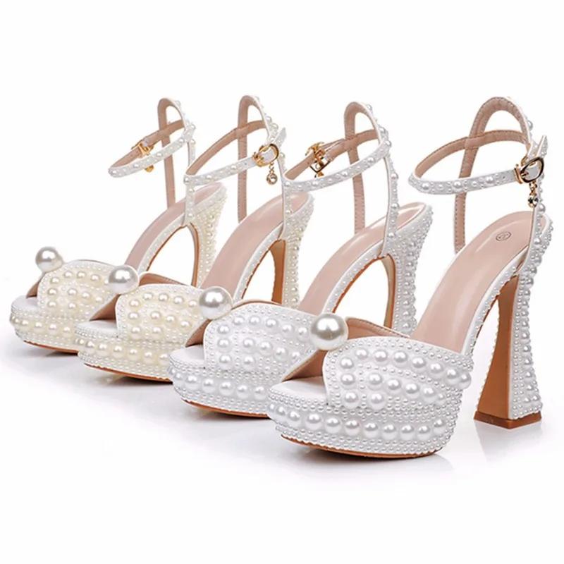 Fashion 2025 New 13cm Handmade Luxury Pearls Thick Heeled Peep toe Women Sandals Summer Fashion Wedges High heels Wedding Banquet Shoes