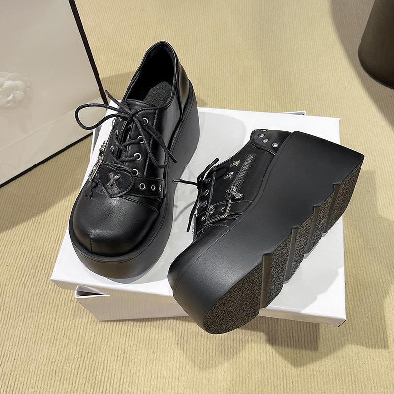 Мода 8,5 см Танкетка Толстая Подошва Мода Панк Обувь Женская Мода Классика Готика Металл Женщины Дамы Высокая Платформа Туфли-Лодочки