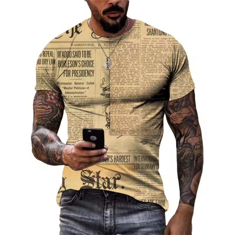 Summer Retro Old Newspapers Graphic T Shirts Men Fashion Vintage Casual Personality Tees 3D Print Trend O-neck Short Sleeve Tops