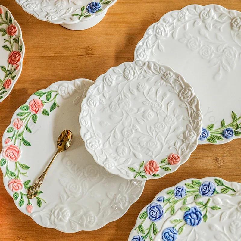 Керамические тарелки с розами во французском стиле для ресторана, послеобеденного чая, десерта, фруктов, подноса для вечеринки, изысканной домашней посуды