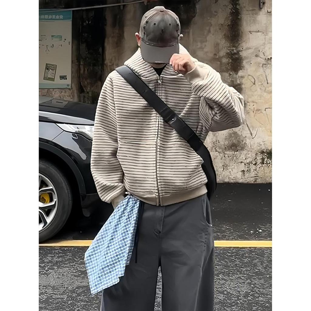 Унисекс ретро-худи на молнии в полоску, кардиган для весны/осени - Повседневное, свободный крой