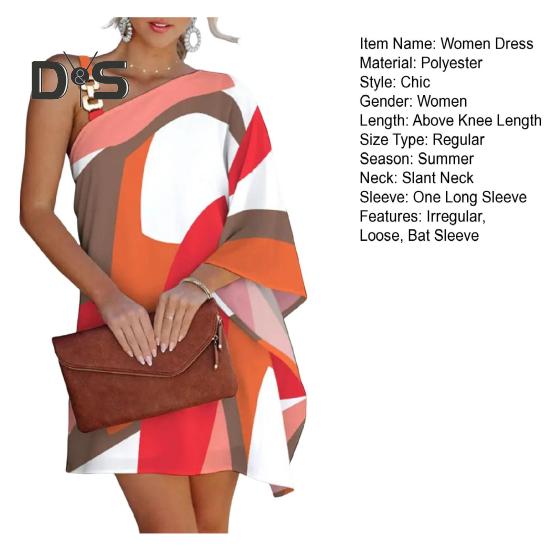 Летнее женское платье с одним рукавом «летучая мышь» с открытыми плечами, нерегулярный принт, наклонный вырез, свободная цепочка, декор, пляжное мини-платье для отпуска