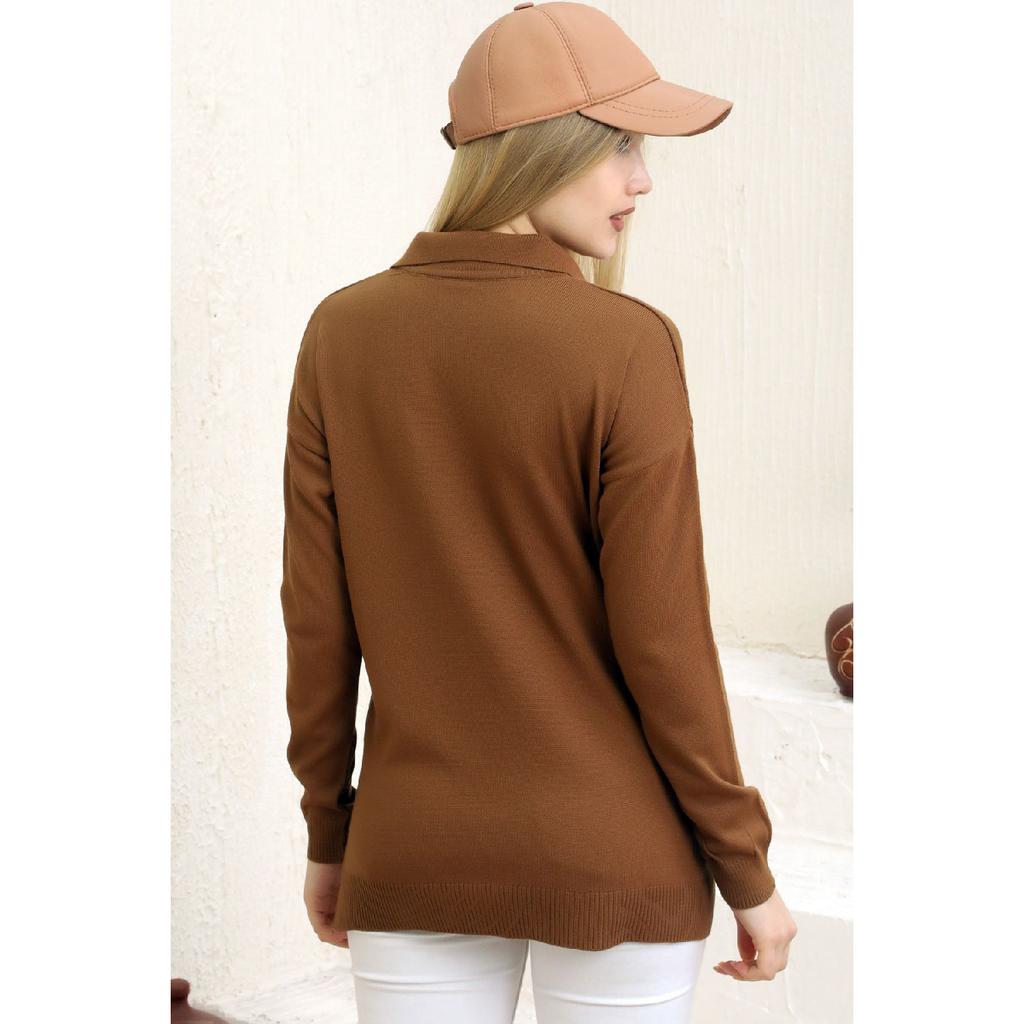 Обычный однотонный сезонный трикотаж с V-образным вырезом поло и длинными рукавами с разрезом