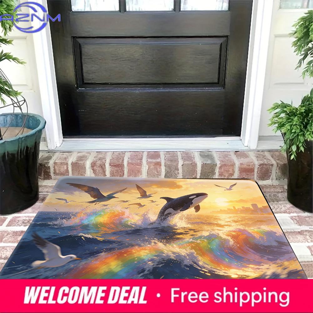 Ocean Sunset Orca & Rainbow Wave Print Non-Slip Soft Doormat for Home Decor