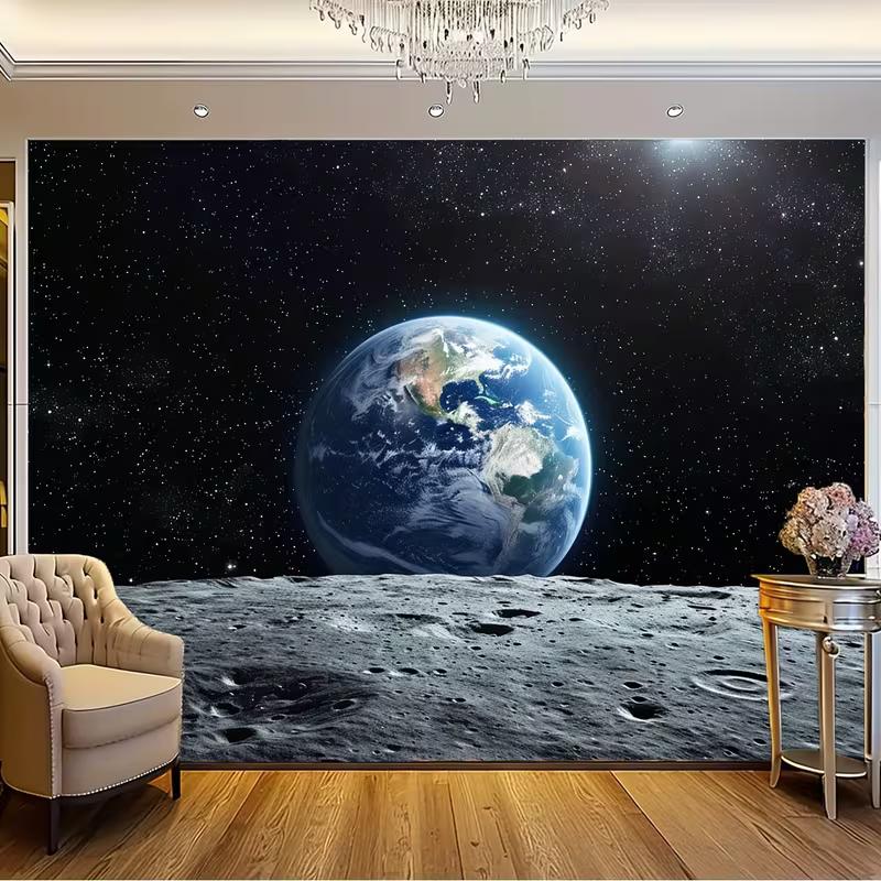 2D Плоская Печать Космическая Настенная Вешалка Восход Земли с Поверхности Луны Звездное Небо Фон