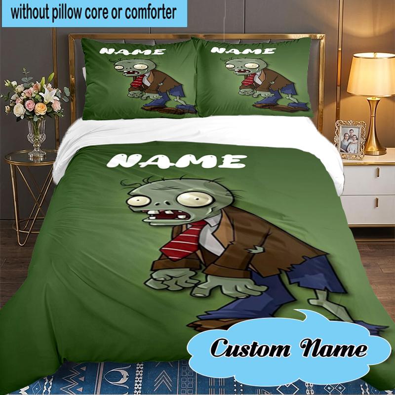 Custom Name Zombie Garden Battle Bedding Set 3pcs, Bedding Set Including 1pc Duvet Cover And 2pcs Pillowcases for Bedroom, Dormitory Gift