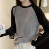 American Retro Raglan Long-sleeved Round Neck Color-blocked T-shirt Women's Autumn and Winter New Loose Ins Style Versatile Top