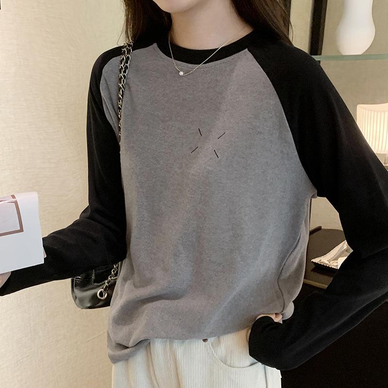 American Retro Raglan Long-sleeved Round Neck Color-blocked T-shirt Women's Autumn and Winter New Loose Ins Style Versatile Top