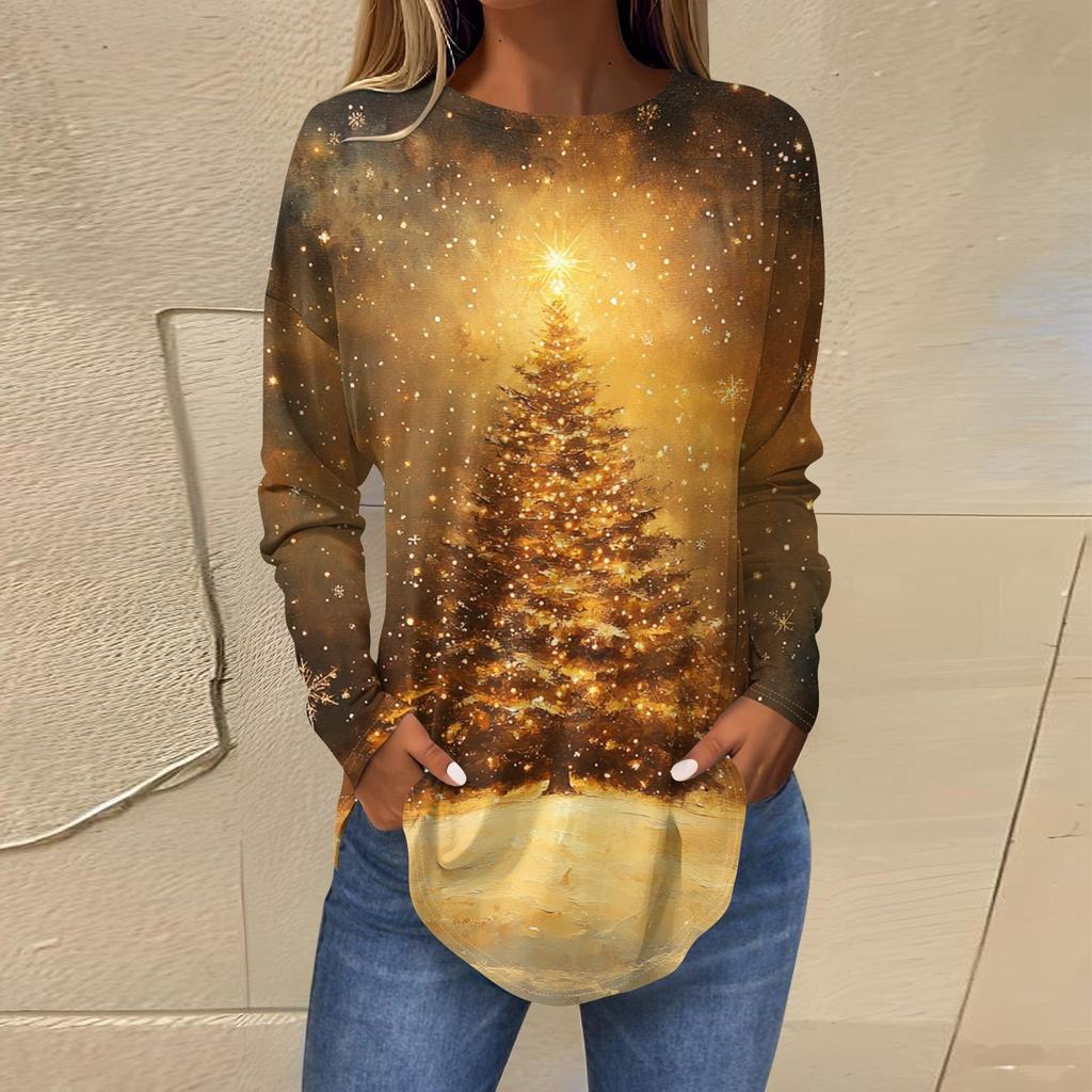 Ladies' Loose Round Neck Retro Pattern Printed Long Sleeved T-shirt Top Pullover For Christmas