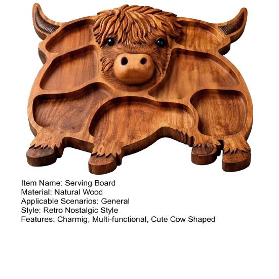 Деревянная доска для закусок в форме шотландской коровы, симпатичный поднос в форме коровы, деревенское блюдо для еды с отделениями для сыра, мяса, фруктов и закусок.