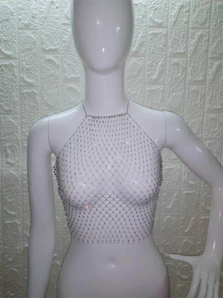 Сетка флэш алмазная блузка прыгающая прозрачная сексуальная грудь обертывание жилет для женщин