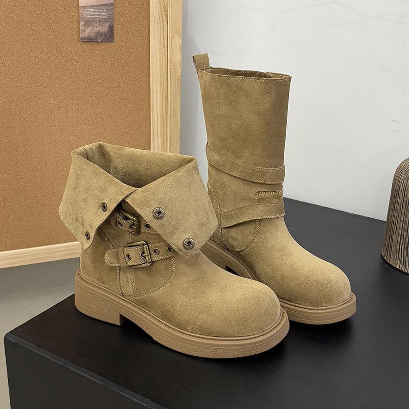 Осень и зима новый европейский и американский ветер корова анти-бархат толстая подошва ботинки-локомотивы круглый носок пряжка ремень заклепки средний каблук короткие ботинки Мар