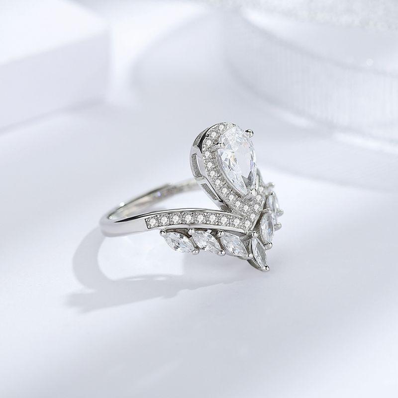 925 Sterling Silver Crown Diamond Ring Women'S Light Luxury Fashion Water Drop Horse Eye Open Ring Platinum Special-Shaped Diamond V-Row Diamond Ring