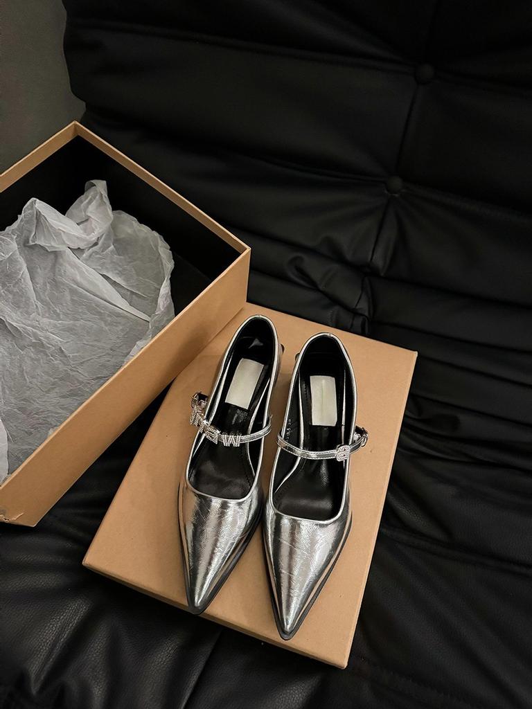 French Thick Heel Mary Jane Shoes Spring and Autumn Women's Shoes 2025 New Popular Pointed Small Leather Shoes Evening Silver Single Shoes
