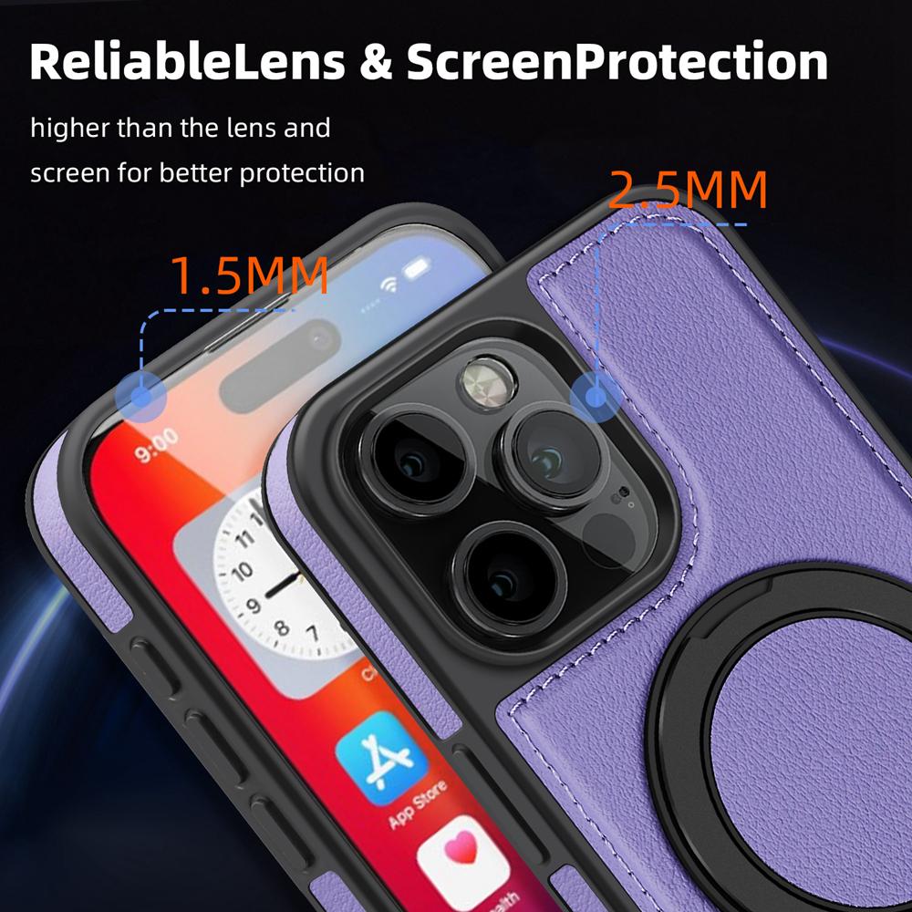 KEYSION Роскошный чехол из искусственной кожи MagSafe для iPhone 16 Pro Max 15 Pro с вращающимся на 360 ° магнитным кольцом-подставкой, противоударный чехол для телефона