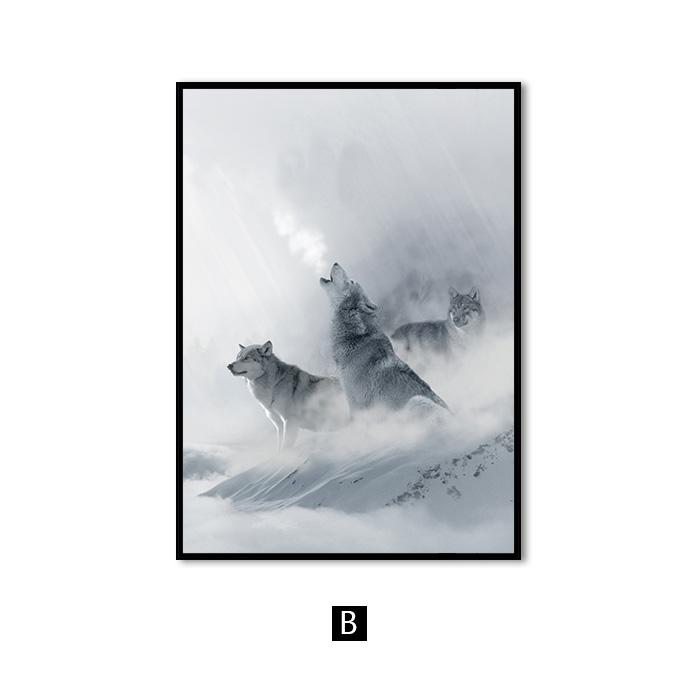 Скандинавский черно-белый постер с животными, волк, лось, настенная живопись на холсте, лес, снежная гора, принт, картина для гостиной, домашний декор
