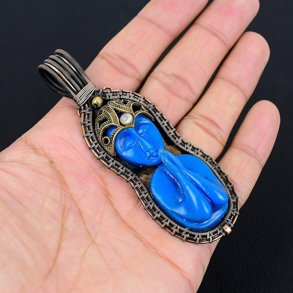 Синий молящийся женский драгоценный камень из чистой медной проволоки, завернутый в подвеску ручной работы, ювелирные изделия