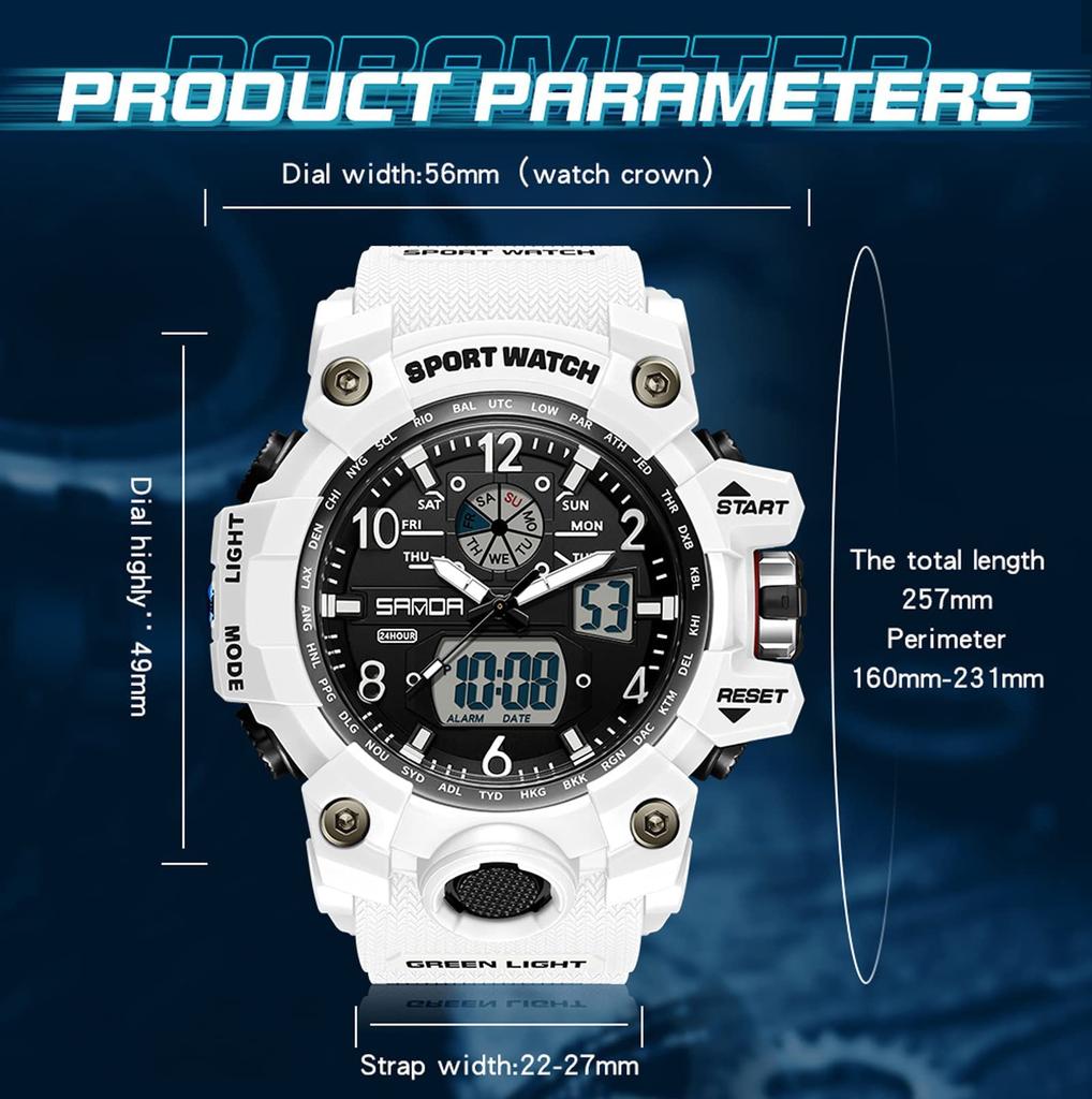 Цифровые часы, спортивный секундомер, водонепроницаемые, модные, в стиле милитари, часы для бега, двойное время, двусторонний дисплей времени, будильник, светящийся 50 м