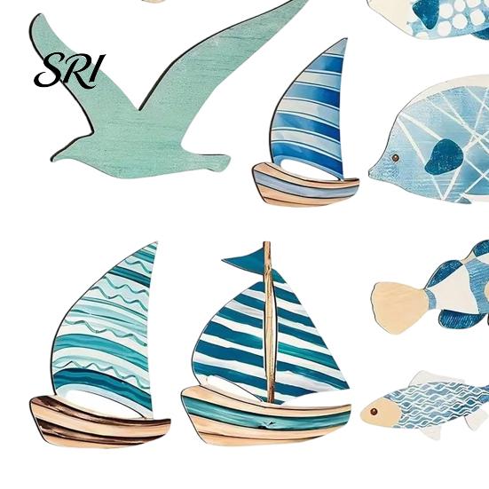 Multi-shape Wall Art Set 9 Pcs Beach Wooden Decor Coastal Ocean Style Smooth Edge Rustic Fish Seagull Sailboat Hanging Sculpture for Lake House