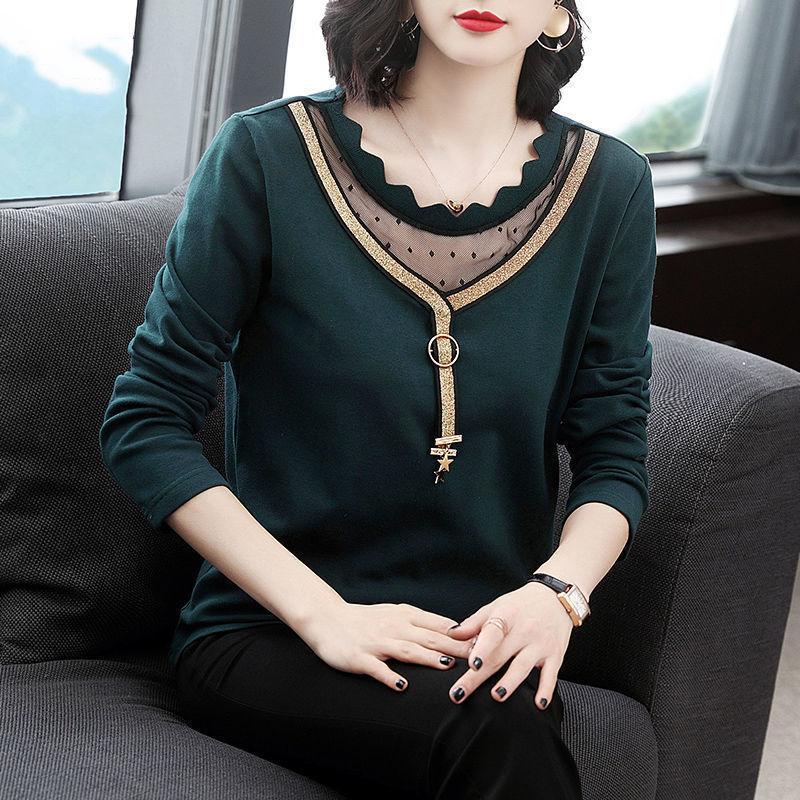 New Women's Top Spring and Autumn Base Shirt for Women Korean Loose Lace Shirt Middle-aged Mother's Long-sleeved Shirt