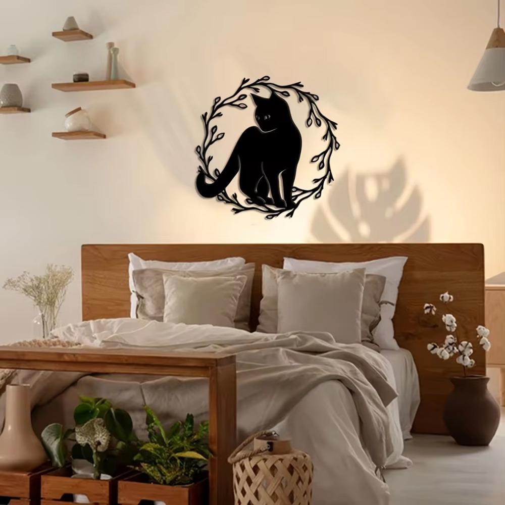 1 шт. венок для кошек настенное искусство металлический венок с черной кошкой украшение для входной двери, стильная вешалка для кошки, идеальный настенный знак с черной кошкой