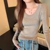 Топ женский вязаный с длинным рукавом и U-образным вырезом, облегающего кроя в корейском стиле - Мода ранней осени 2024, Универсальная базовая футболка