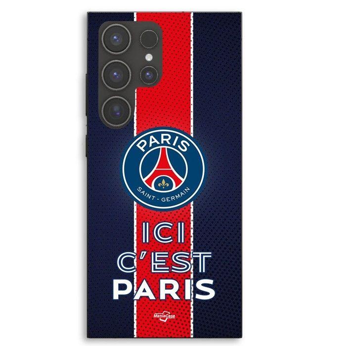 Coque téléphone - MANIACASE - Samsung Galaxy S23 Ultra - Silicone TPU - Noir - PSG 'Ici c'est Paris'