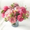 Rose Pink Silk Peony Artificial Flowers Bouquet 5 Big Head 4 Bud Fake Flowers for Home Wedding Decoration Indoor