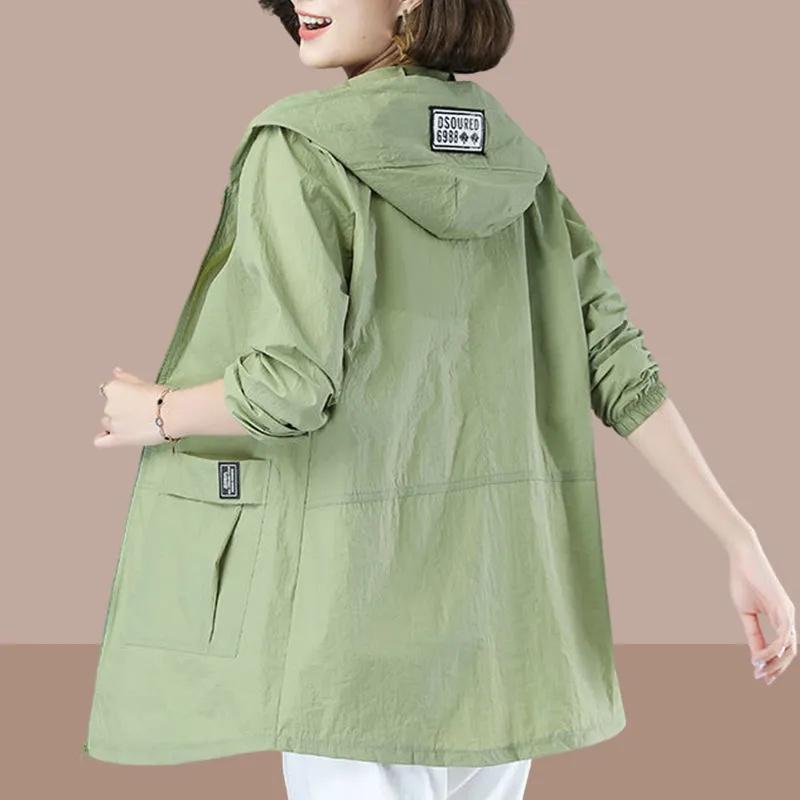 Модные куртки с капюшоном, летние женские солнцезащитные плащи на молнии, тонкая свободная длинная верхняя одежда, дышащая легкая одежда