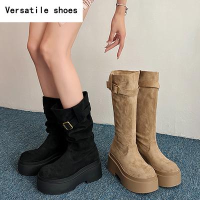 Зимняя платформа Женские западные ковбойские сапоги Модные рыцарские длинные ботильоны Дизайнерские высокие каблуки Женские боты