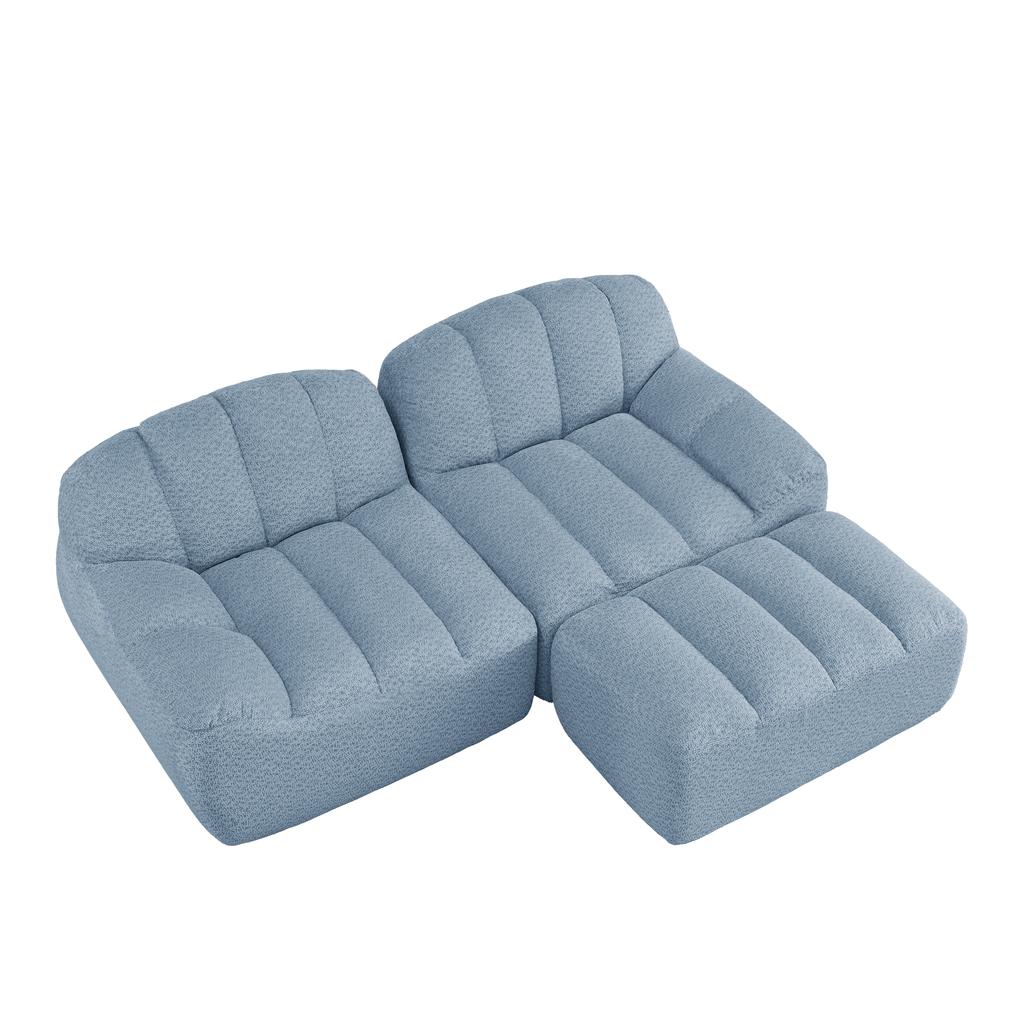 2-Seater L-Shaped Modular Boneless Sofa, Shell Shape, Deep Seat Cushions with 1 Ottoman, Sofa for Living Room, No Assembly Required, Blue