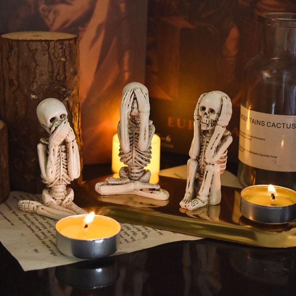 3pcs Mini No Listen No Look No Say Skull Gothic Skull Statue Decor for Dining Room
