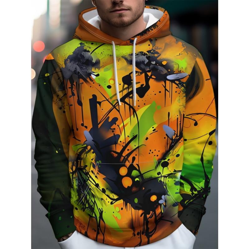 Men Orange Green Black Splash Graffiti Abstract 3D Print Hoodie Street Art Graphic Casual Long Sleeve Hooded Sweatshirt