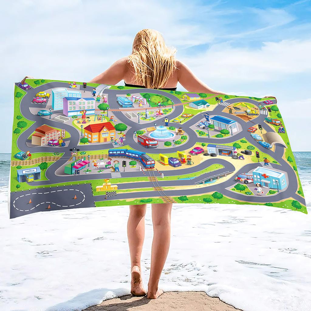 Cartoon Road Traffic Pattern Printing Series Seaside Vacation Beach Towel Swimming Bath Towel
